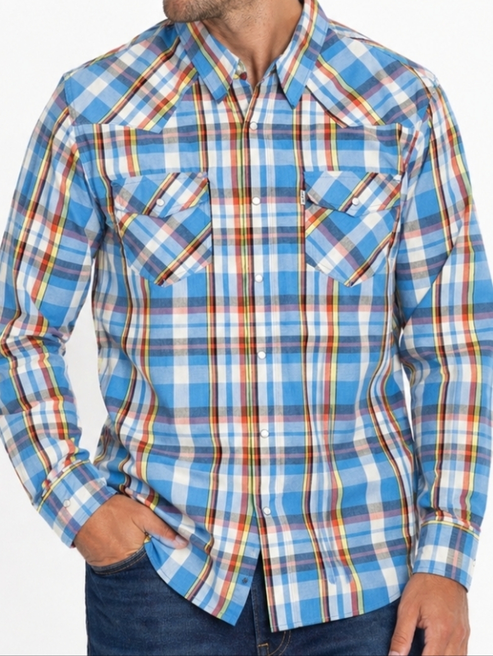 Levi's Cotton Blend Blue Muti Plaid Western Pearl Snap Button Down Shirt